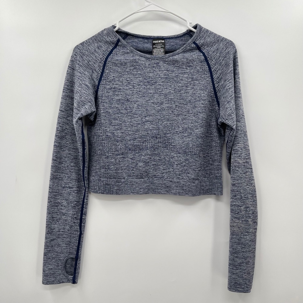 PINK Active Long Sleeve Cropped Top‎ Blue Heather Thumb Holes Athletic L